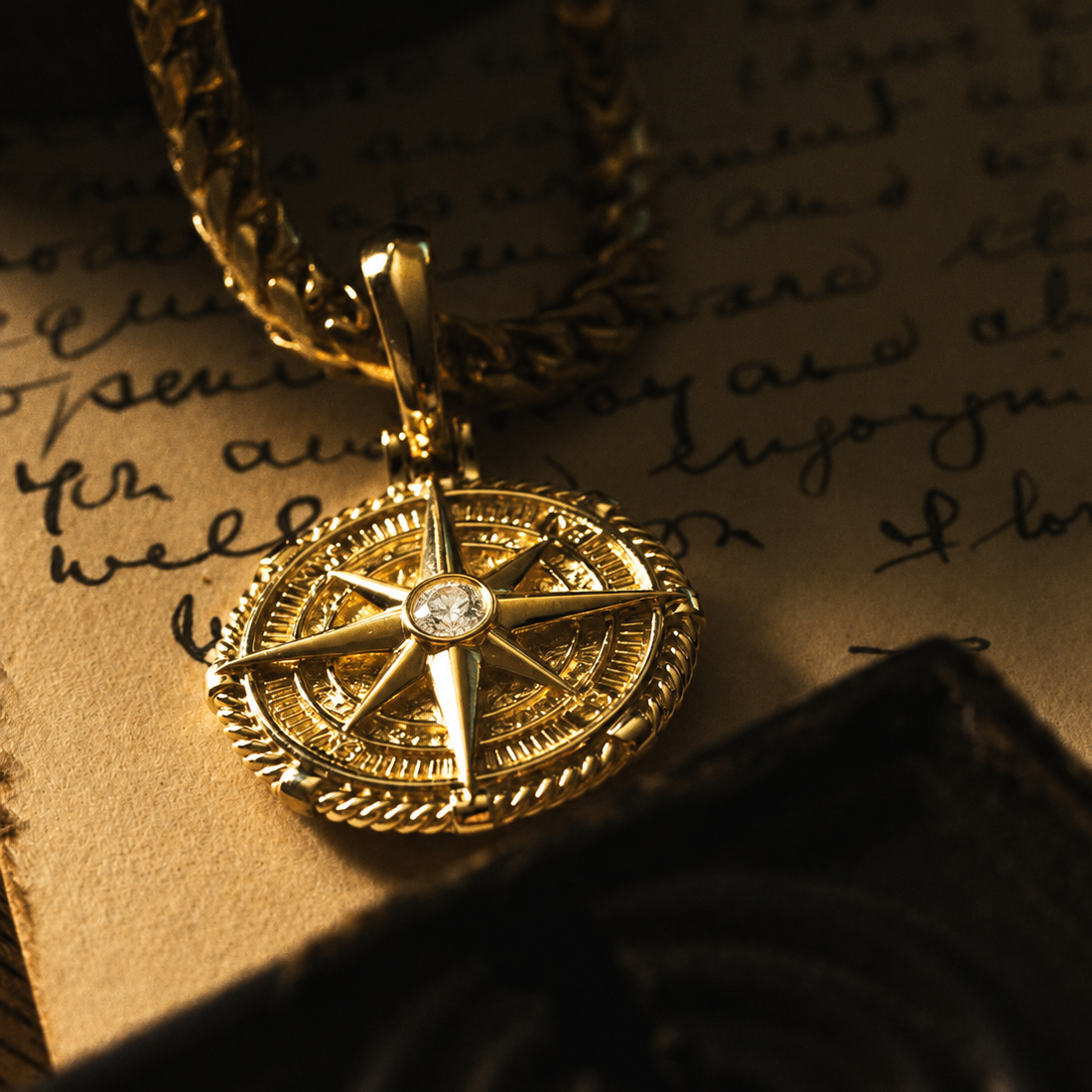 Voyager, Gold Compass Pendant with Single Diamond