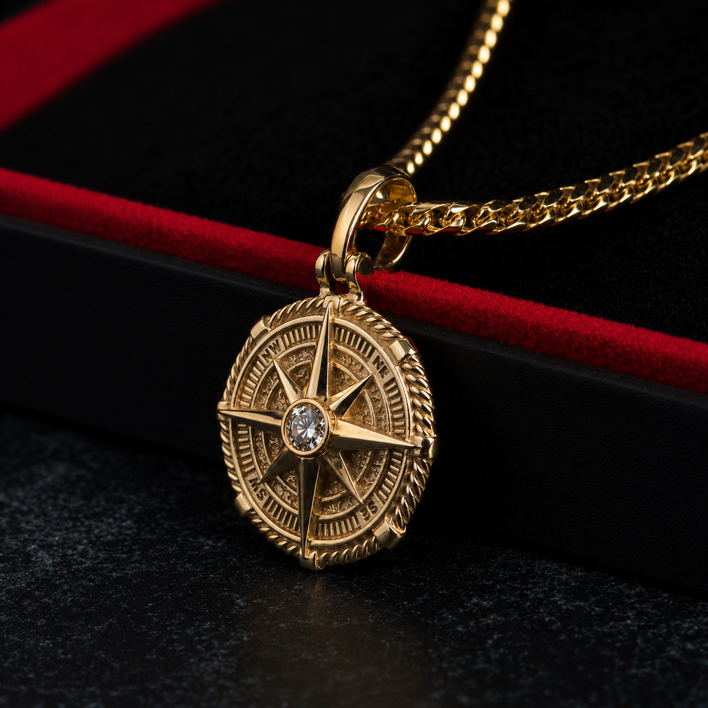 Voyager, Gold Compass Pendant with Single Diamond