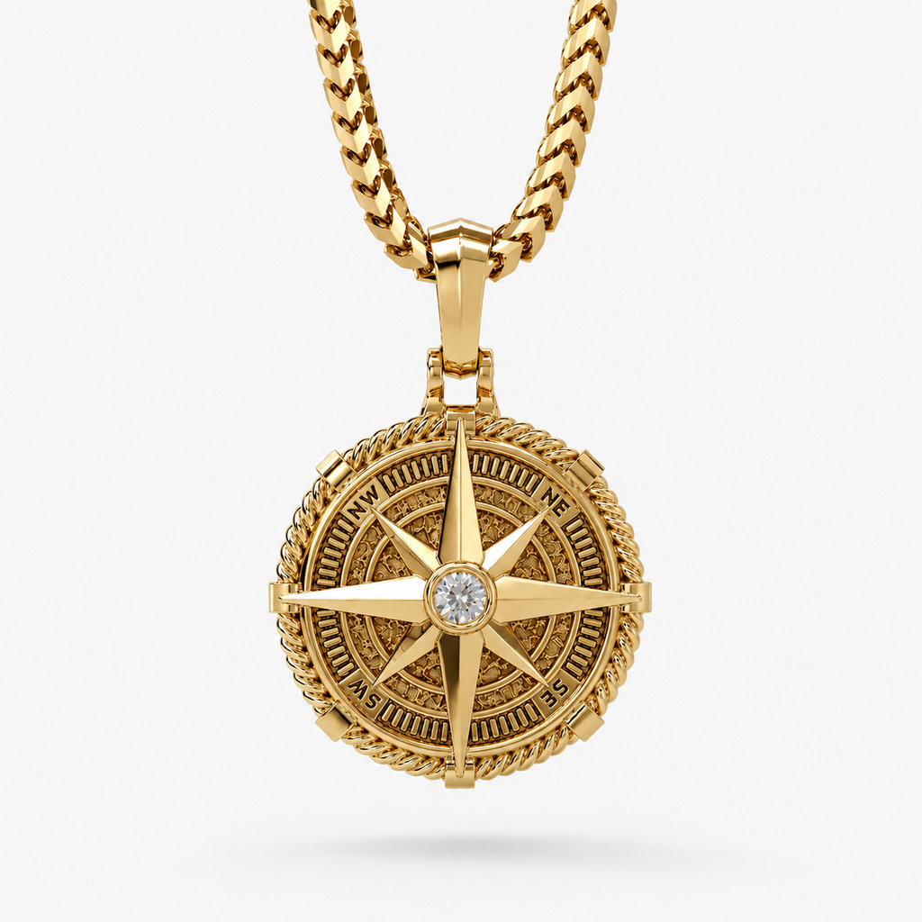 Voyager, Gold Compass Pendant with Single Diamond