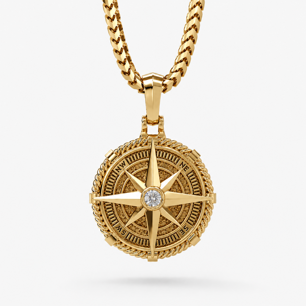 Voyager, Gold Compass Pendant with Single Diamond