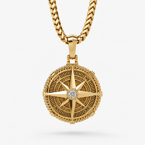 Voyager, Gold Compass Pendant with Single Diamond